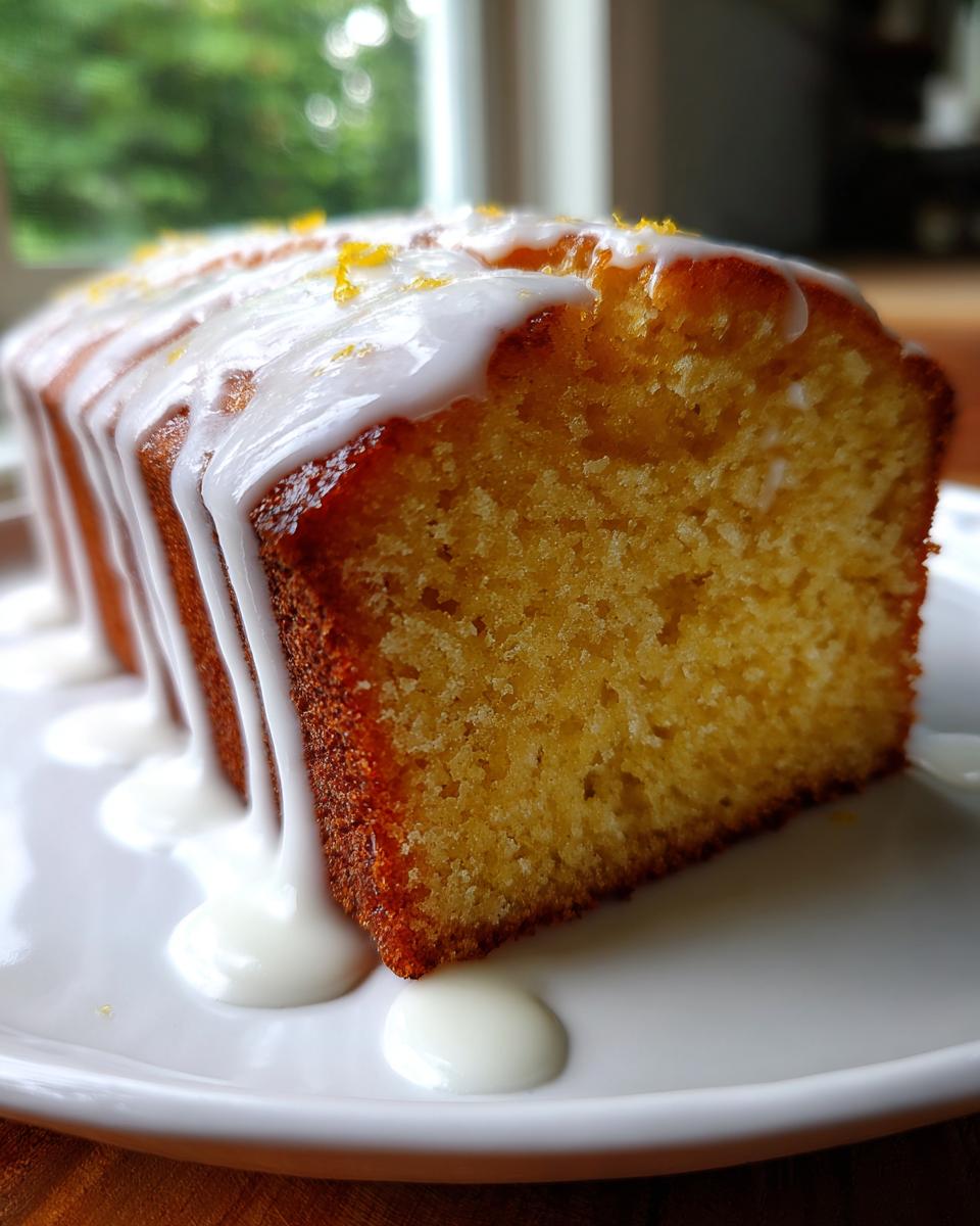 Close-up of a moist slice of Classic Lemon Pound Cake drizzled with white glaze and lemon zest.