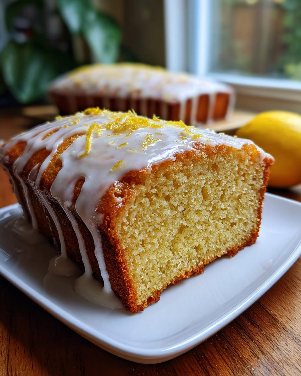 A close-up slice of moist Classic Lemon Pound Cake with white glaze dripping down and topped with bright lemon zest.