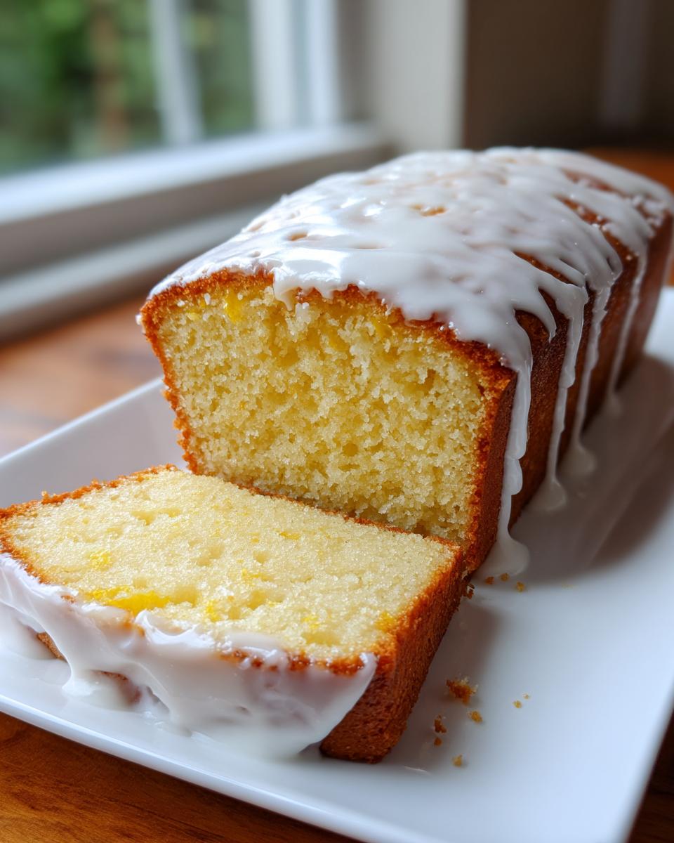 A loaf of Classic Lemon Pound Cake, partially sliced, covered in thick white lemon glaze.