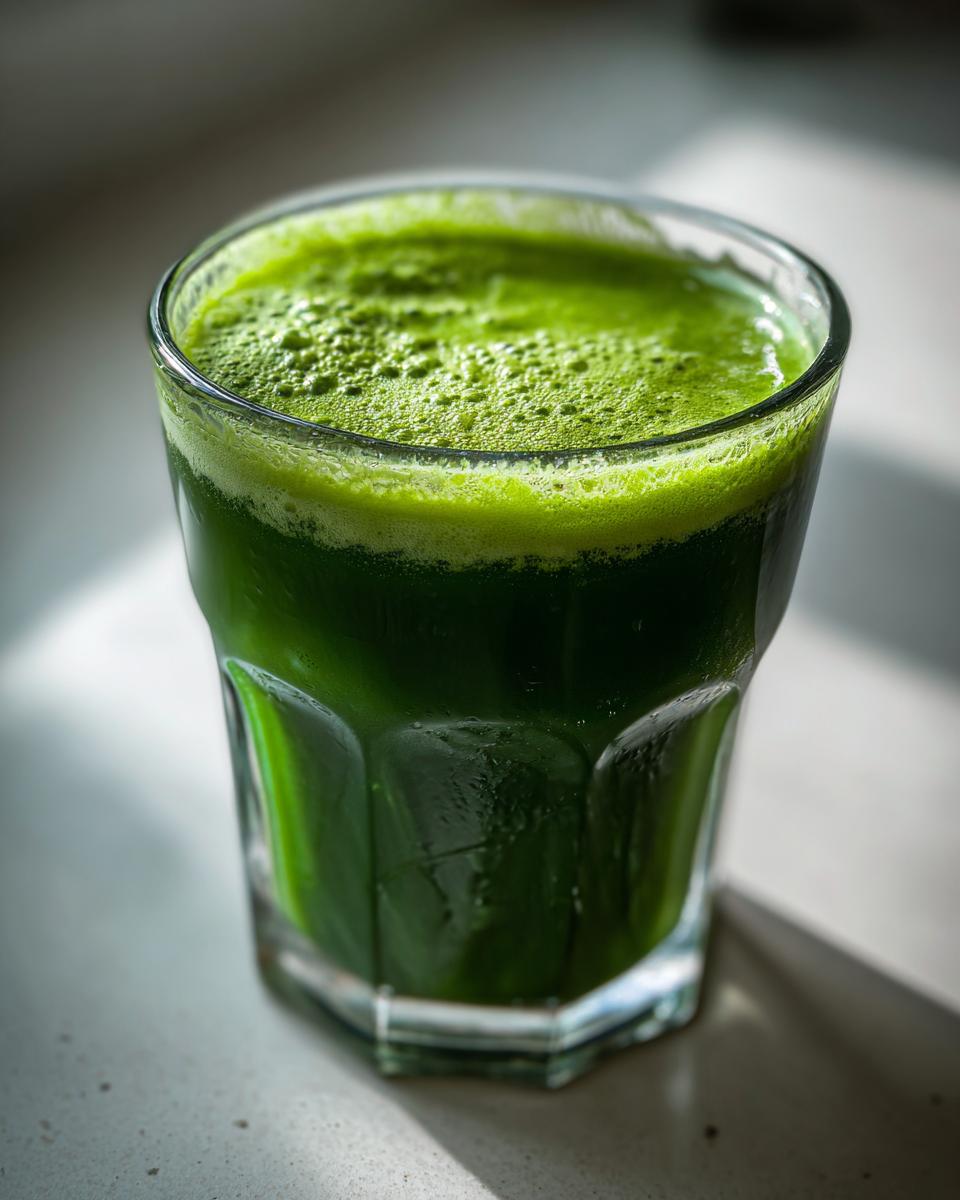 Close-up of a glass filled with vibrant green, freshly made Cleansing Sugar Detox Juice with foam on top.