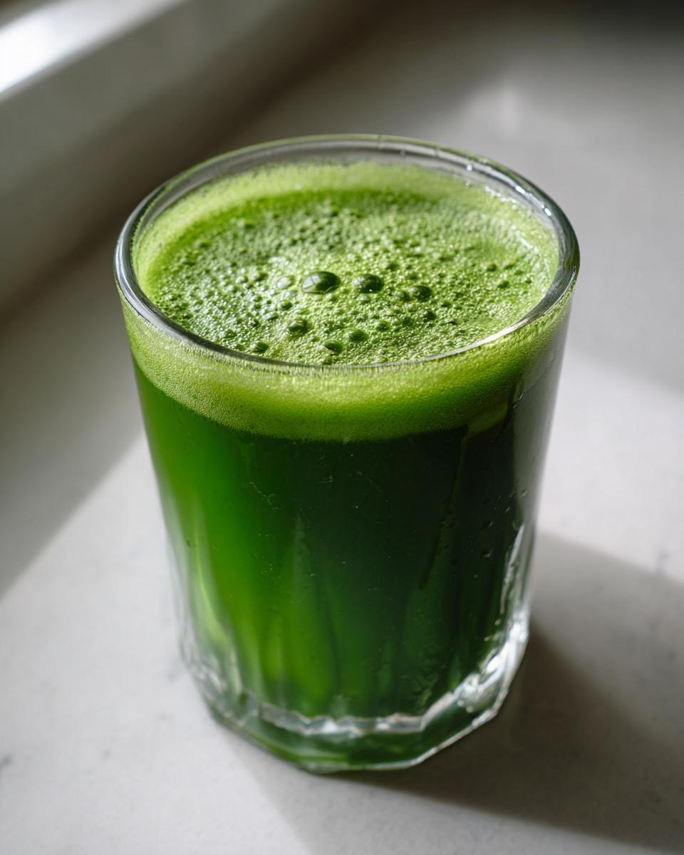 Close-up of a glass filled with vibrant green Cleansing Sugar Detox Juice topped with foam.