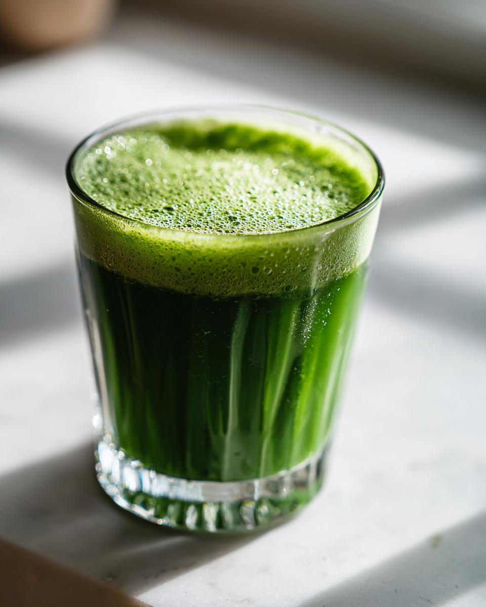 Close-up of a vibrant green Cleansing Sugar Detox Juice with foamy top in a textured glass.