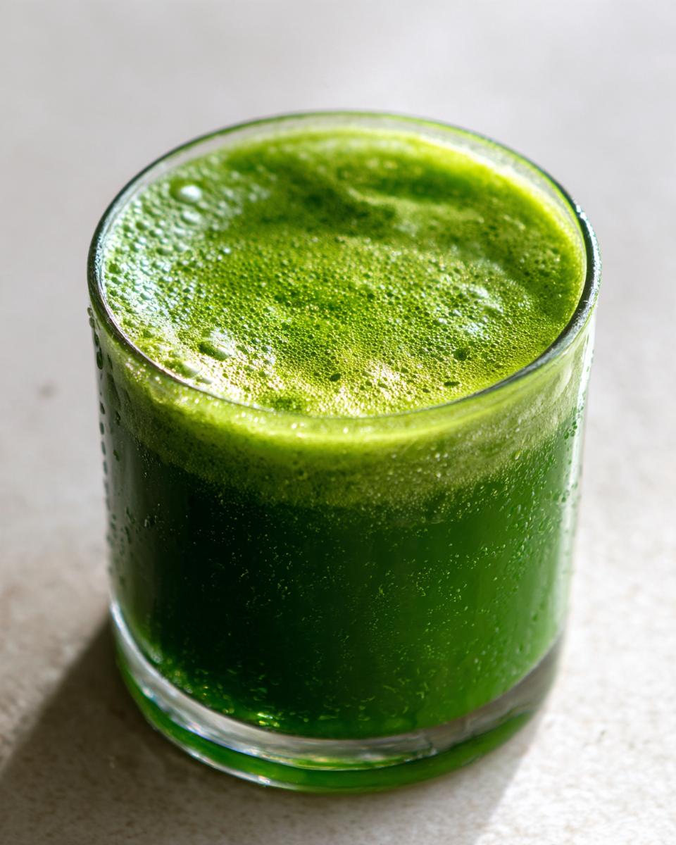 Close-up of a vibrant green, freshly made Cleansing Sugar Detox Juice with foam on top.