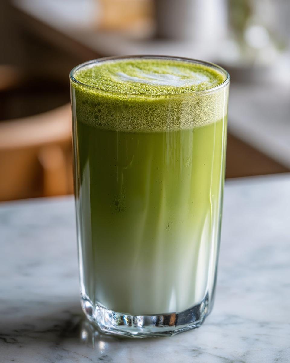 A tall glass of layered Coconut Almond Matcha Latte showing vibrant green matcha foam over white milk.