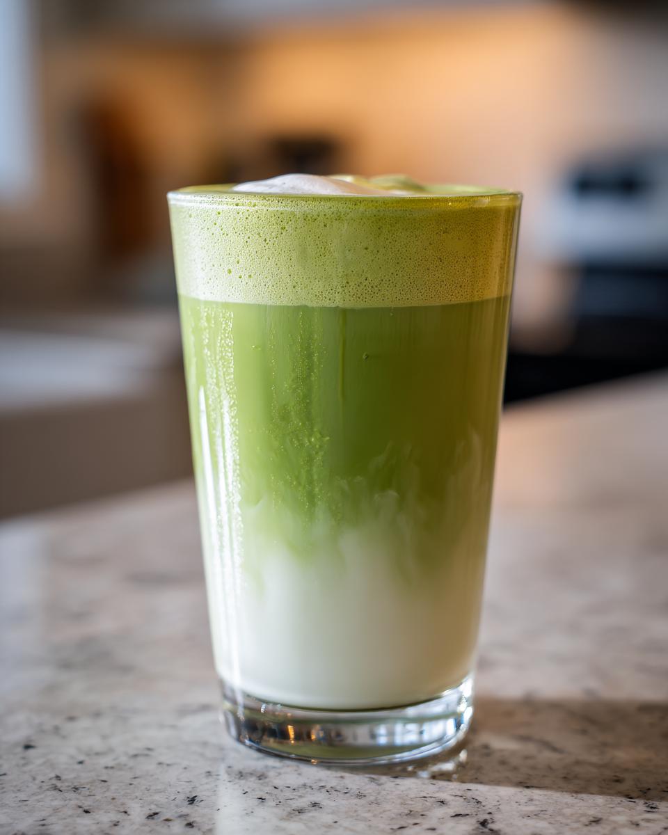 A tall glass showcasing a layered Coconut Almond Matcha Latte with bright green matcha on top of white milk.