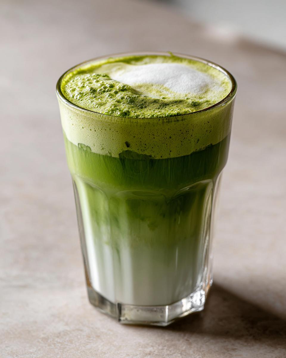 A vibrant green Coconut Almond Matcha Latte layered with milk and topped with foam in a clear glass.