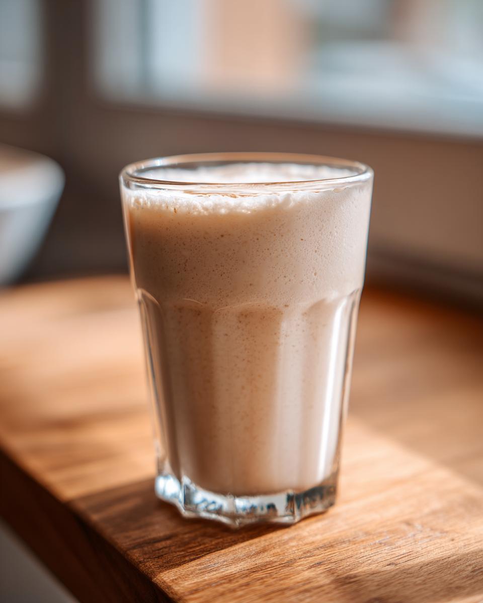 A tall glass filled with a frothy Coconut Almond Smoothie sitting on a wooden surface.