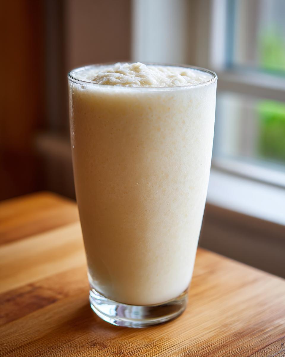 A tall glass filled with a thick, creamy Coconut Almond Smoothie sitting on a wooden surface near a window.