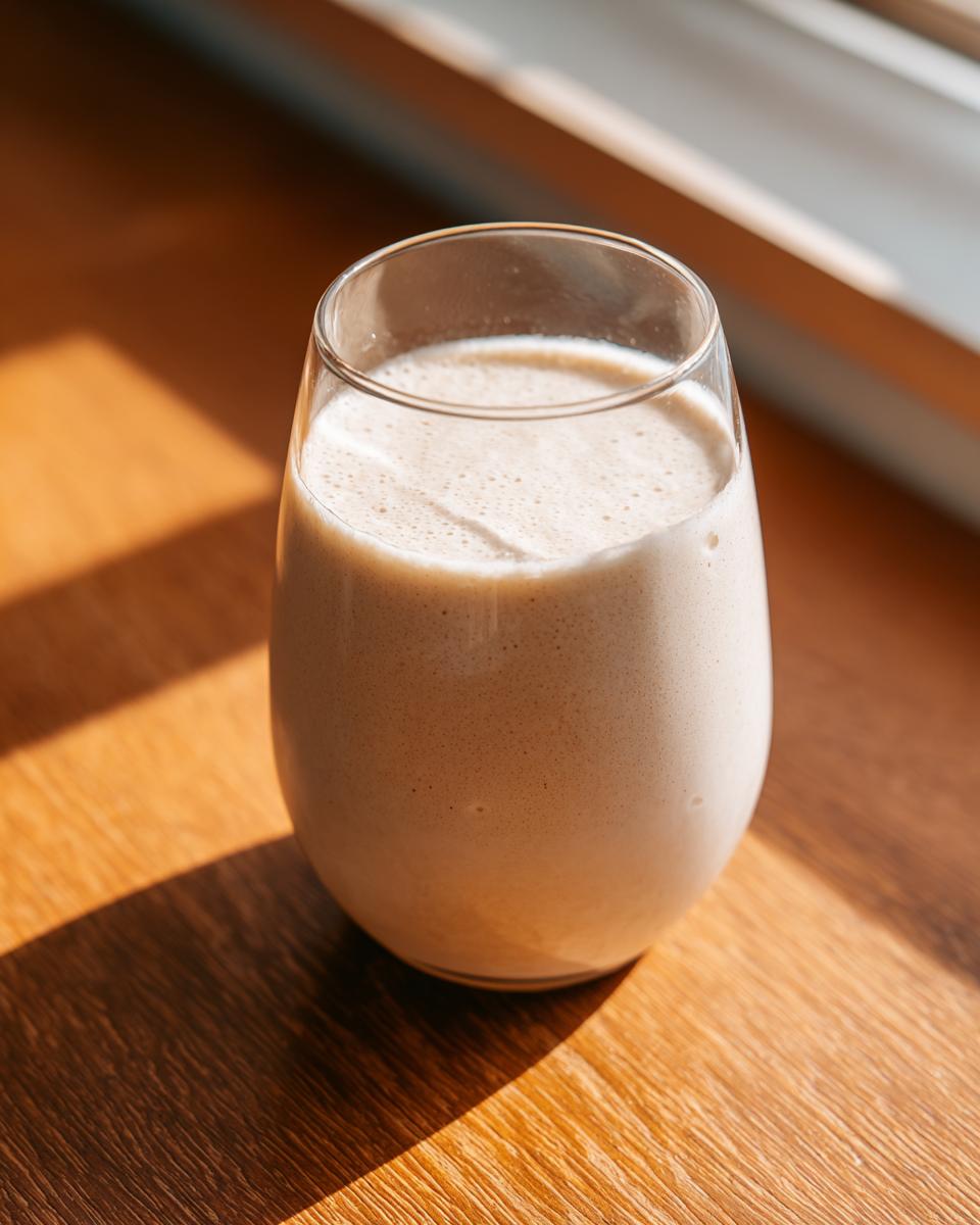 A glass filled with a creamy, light brown Coconut Almond Smoothie sitting on a sunlit wooden surface.