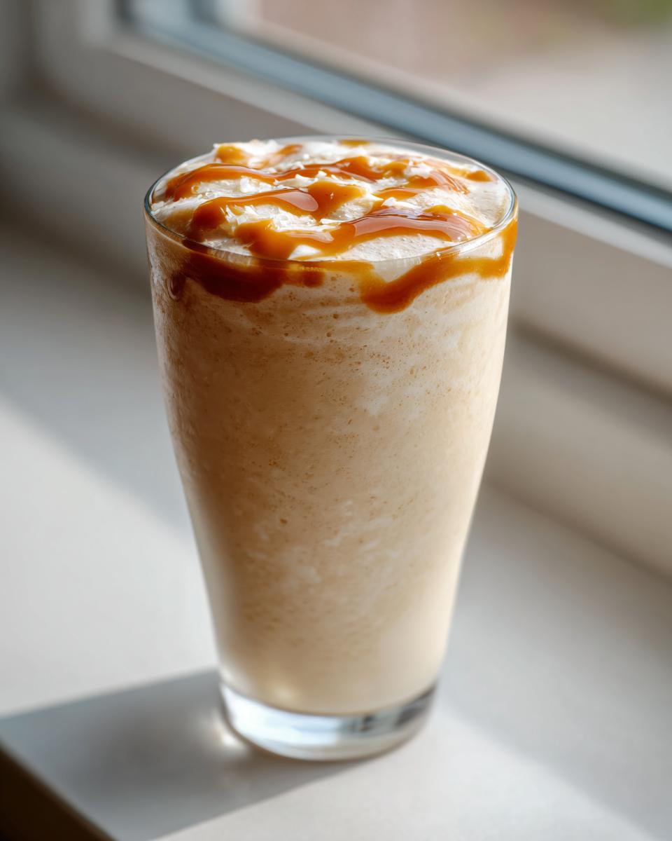 A tall glass of creamy Coconut Caramel Smoothie topped with whipped cream and caramel sauce.