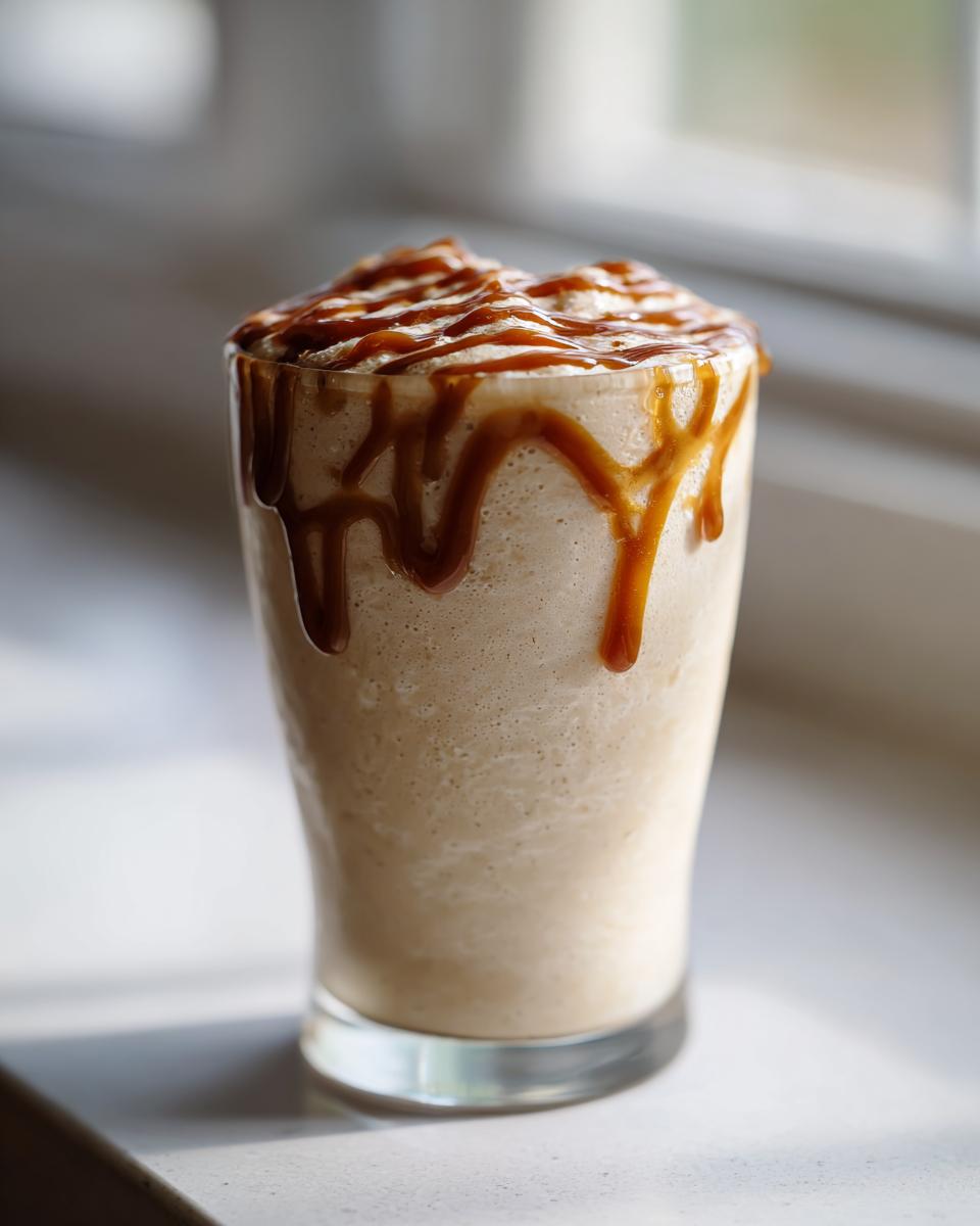 A frosty Coconut Caramel Smoothie topped with a rich caramel drizzle running down the sides of the glass.