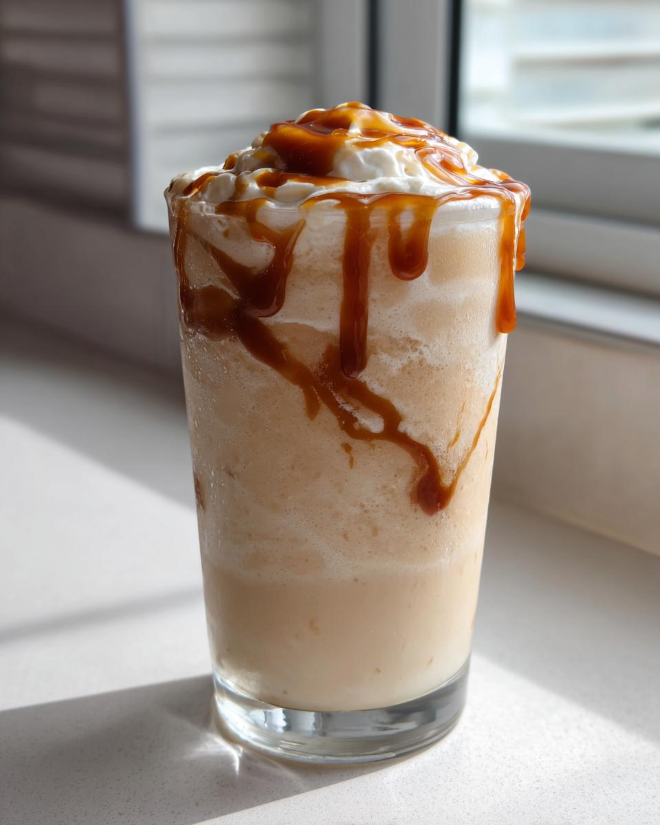 A tall glass of blended Coconut Caramel Smoothie topped with whipped cream and drizzled generously with caramel sauce.