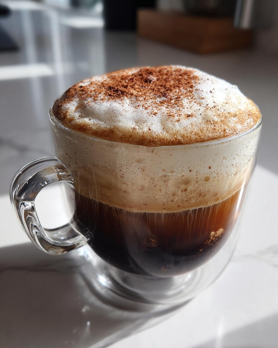 A rich Coconut Chai Tea Latte with thick foam dusted with spices in a clear glass mug.