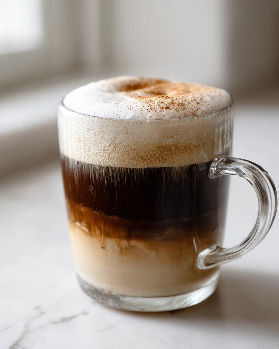 A layered Coconut Chai Tea Latte in a clear glass mug, topped with foam and cinnamon.
