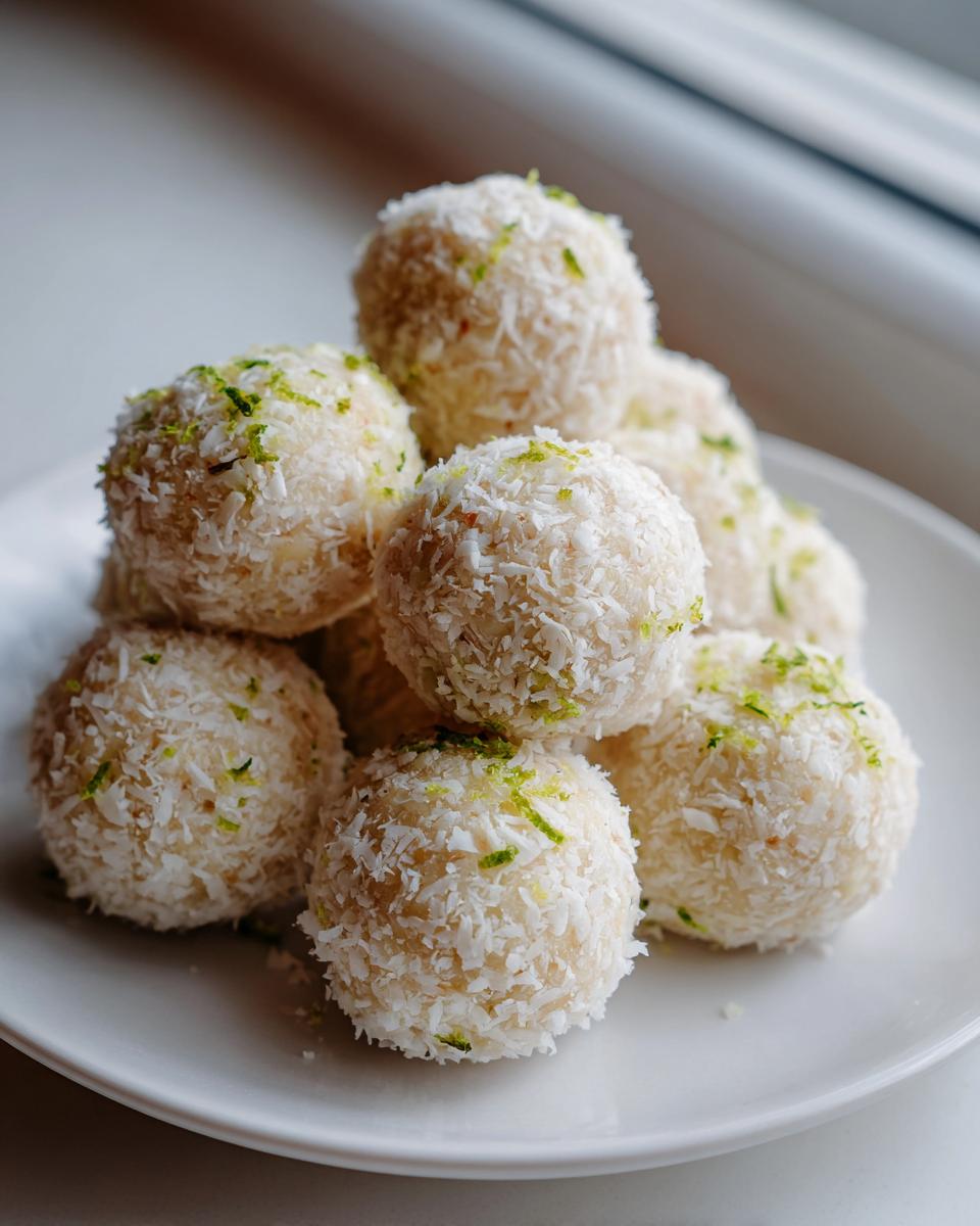 A close-up stack of homemade Coconut Lime Energy Balls rolled in shredded coconut and topped with lime zest.
