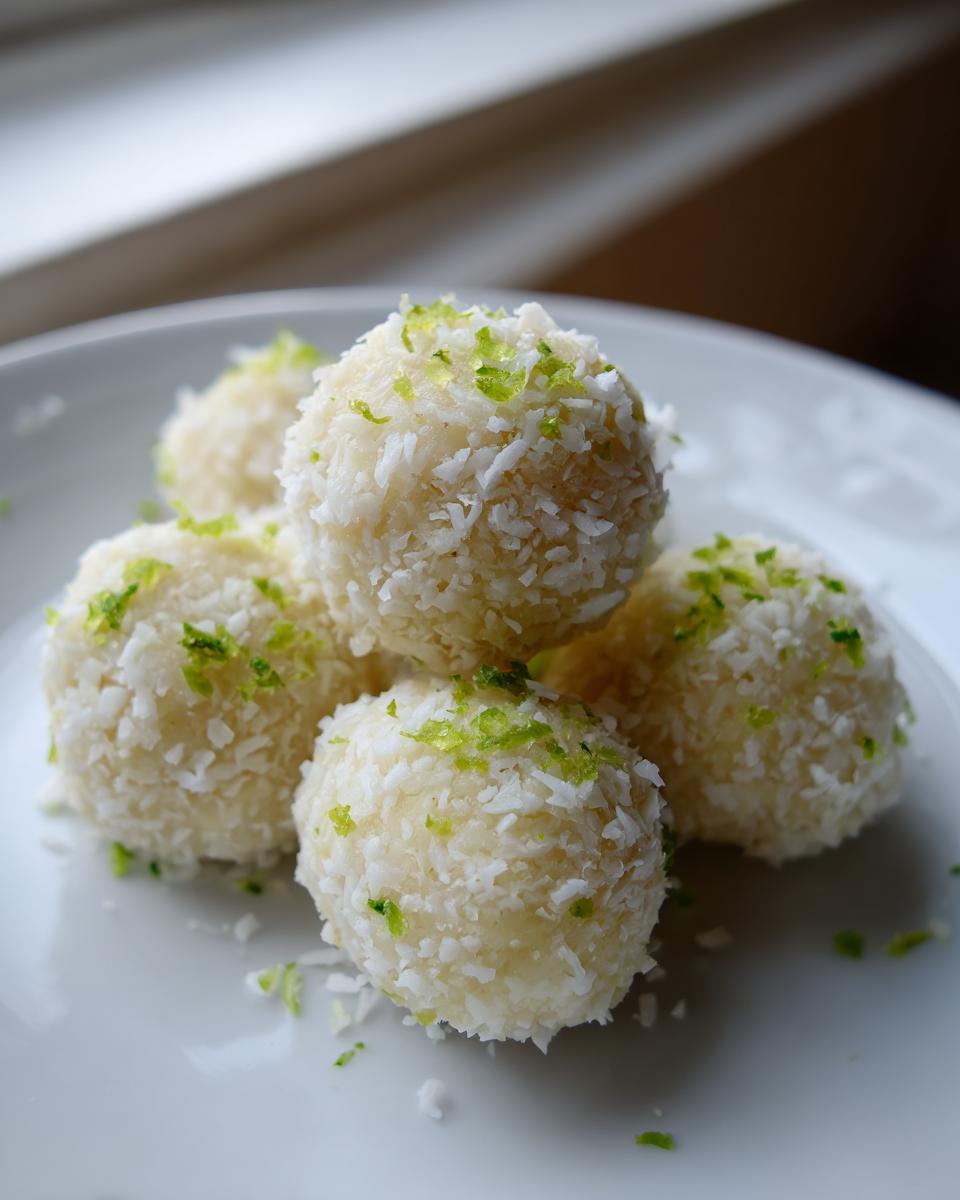 A small pile of Coconut Lime Energy Balls coated in shredded coconut and topped with bright green lime zest.