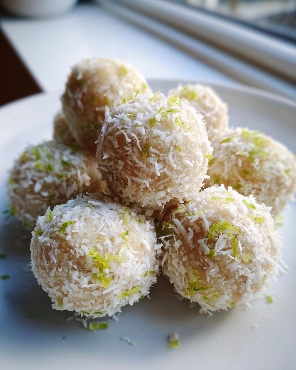 Close-up of several Coconut Lime Energy Balls coated in shredded coconut and bright green lime zest.