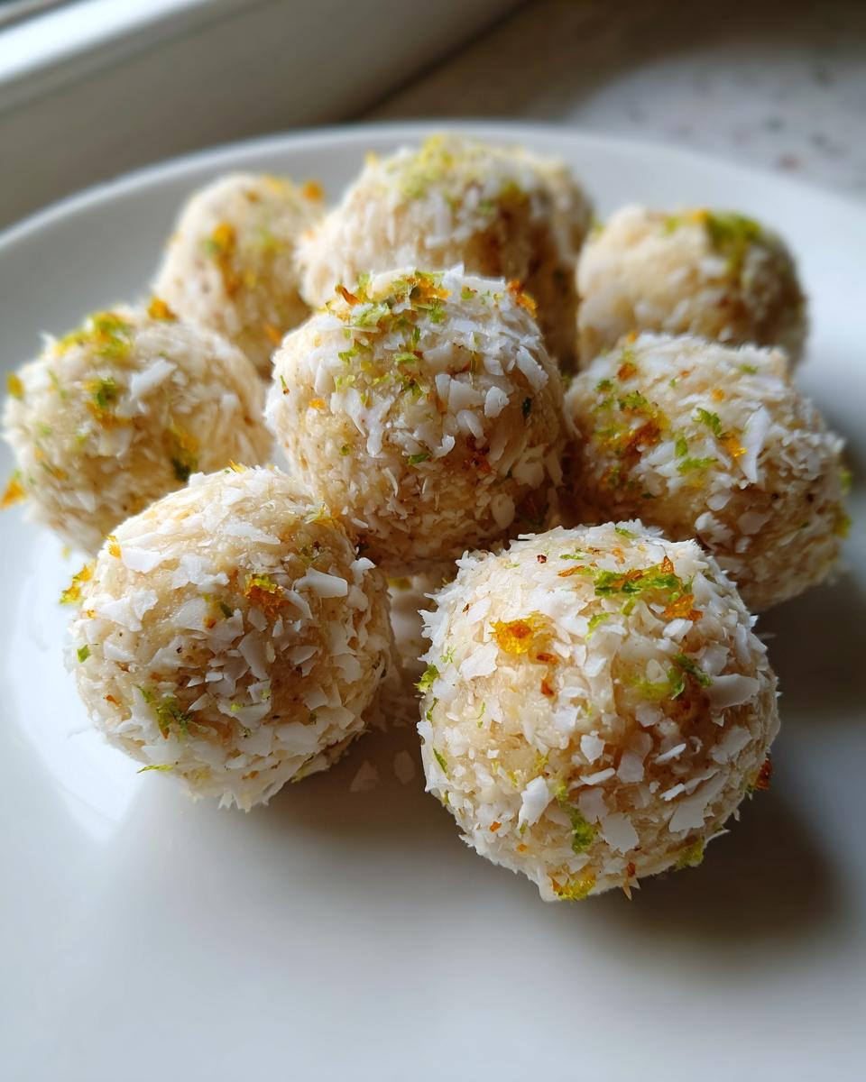 A close-up of several Coconut Lime Energy Balls coated in shredded coconut and lime zest.