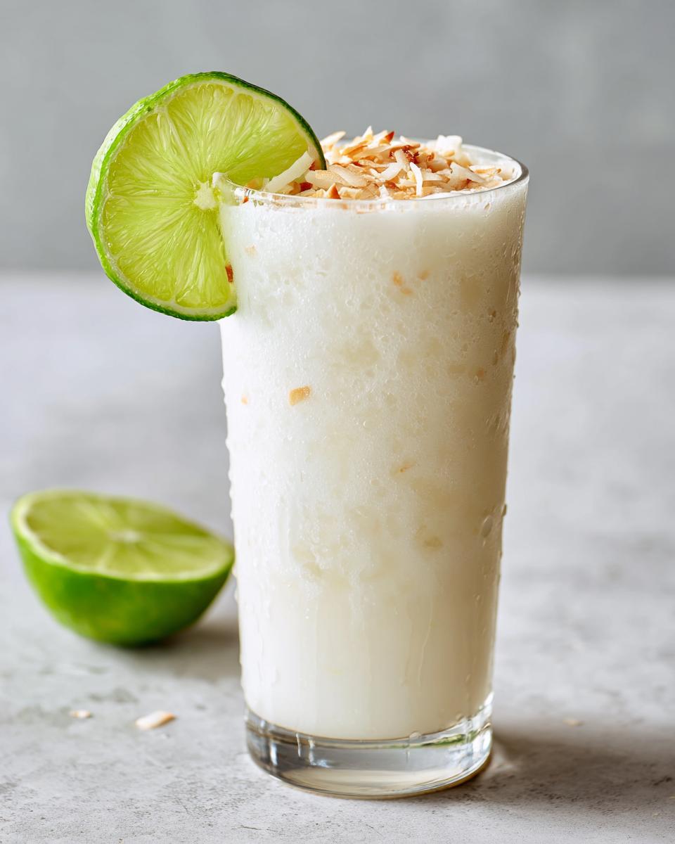 A tall glass of frosty Coconut Lime Mocktail garnished with a lime wheel and toasted coconut flakes.
