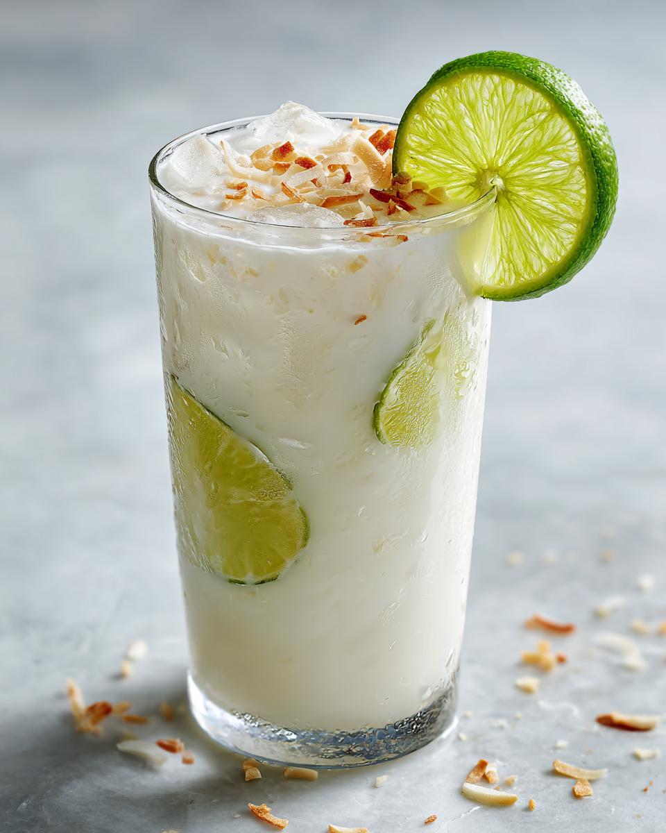 A tall glass filled with a creamy Coconut Lime Mocktail, garnished with a lime wheel and toasted coconut flakes.