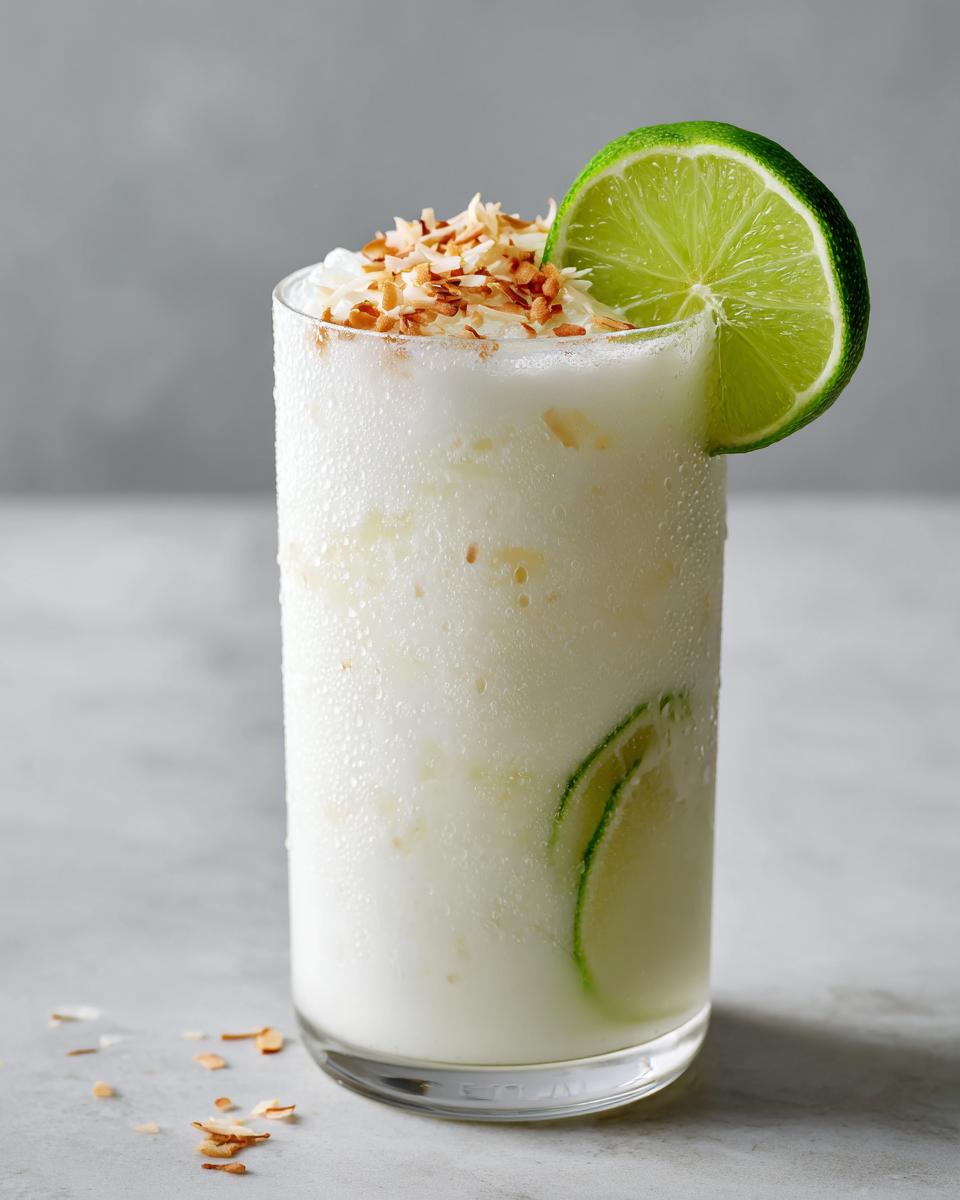 A frosty glass of Coconut Lime Mocktail garnished with toasted coconut flakes and a fresh lime wheel.