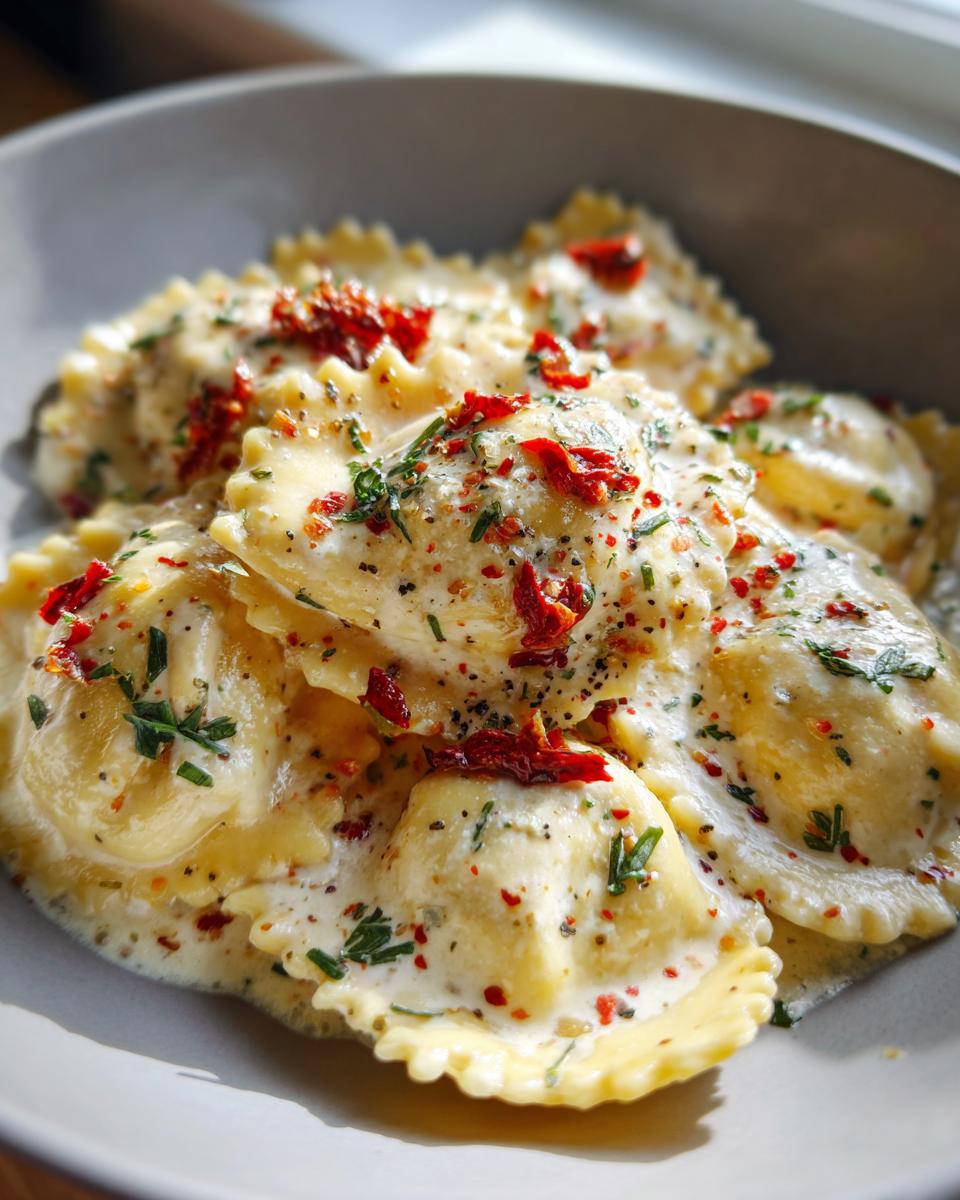 Close-up of Cozy Sun Dried Tomato Pumpkin Ravioli coated in a creamy sauce, topped with sun-dried tomatoes and herbs.