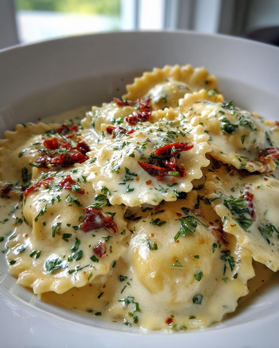 Close-up of Cozy Sun Dried Tomato Pumpkin Ravioli covered in a rich cream sauce, herbs, and sun-dried tomatoes.
