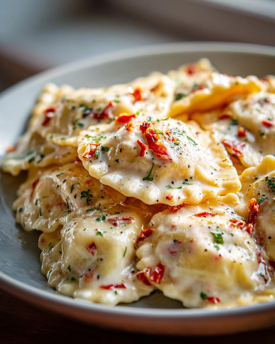 Close-up of Cozy Sun Dried Tomato Pumpkin Ravioli covered in a rich, creamy sauce and sprinkled with herbs.