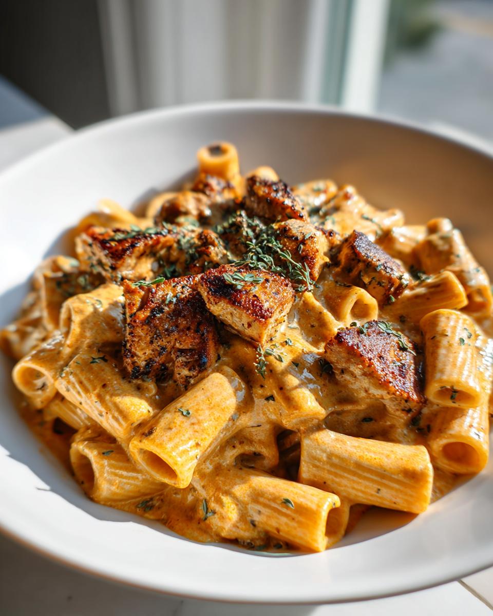 Close-up of Creamy Blackened Chicken Rigatoni Pasta coated in a rich orange sauce and topped with herbs