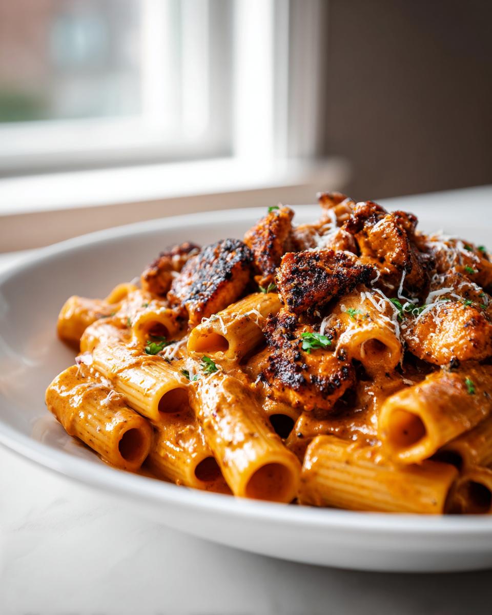 A close-up of a white bowl filled with Creamy Blackened Chicken Rigatoni Pasta, topped with grated cheese.