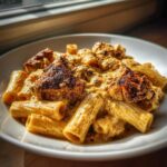 A close-up of Creamy Blackened Chicken Rigatoni Pasta coated in a rich, seasoned sauce, served in a white bowl.
