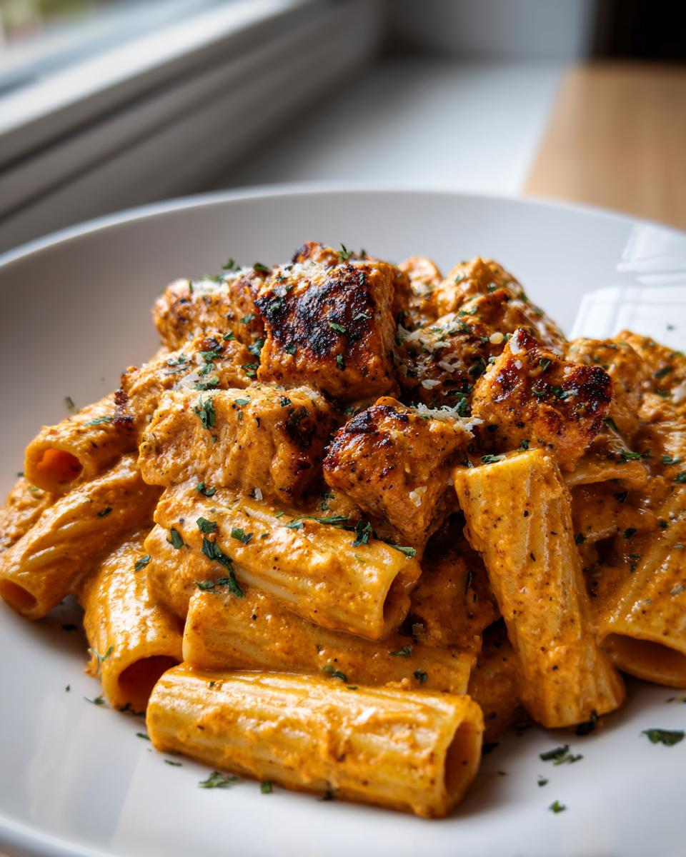 A close-up of Creamy Blackened Chicken Rigatoni Pasta coated in a rich, orange sauce and topped with herbs.