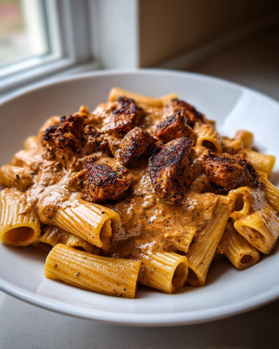 Close-up of Creamy Blackened Chicken Rigatoni Pasta coated in a rich, orange-hued sauce, served in a white bowl.