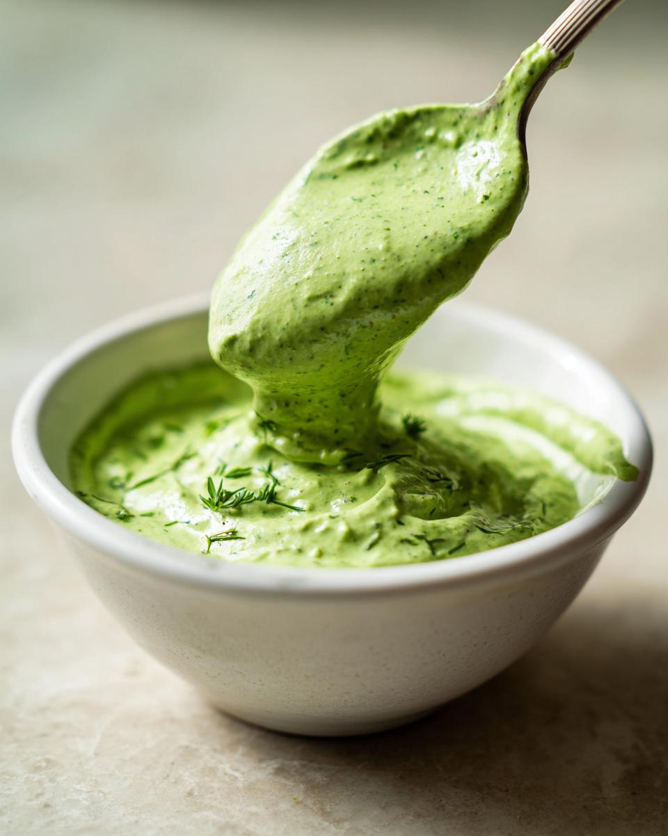 A spoonful of thick, vibrant green Jalapeno Ranch Sauce Dairy Free being lifted from a small white bowl.