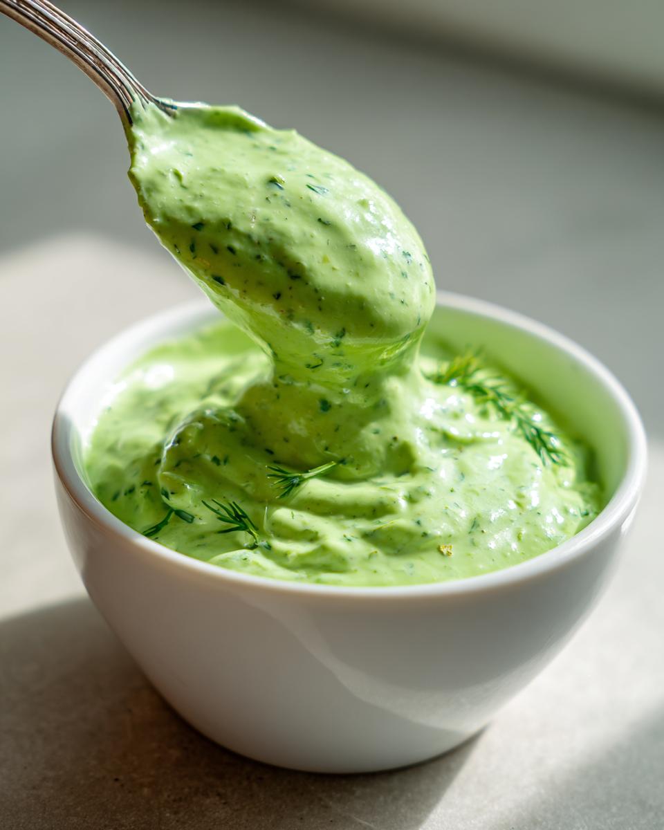 A spoonful of vibrant green Jalapeno Ranch Sauce Dairy Free being lifted from a white bowl, showing its thick texture.