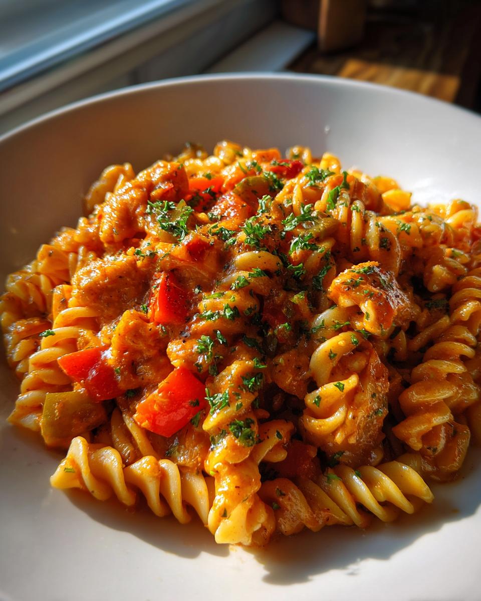Close-up of a bowl of Creamy Jamaican Rasta Pasta made with fusilli, featuring a rich orange sauce, red peppers, and fresh parsley.