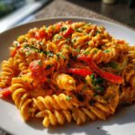 A close-up shot of a serving of Creamy Jamaican Rasta Pasta featuring fusilli pasta coated in a rich orange sauce with visible red and green bell peppers and fresh parsley.