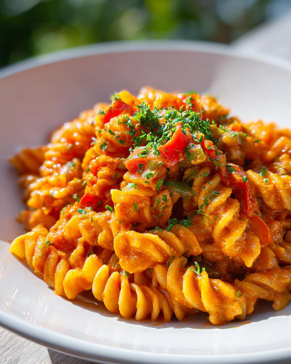 Close-up of a white bowl filled with Creamy Jamaican Rasta Pasta, featuring fusilli pasta coated in an orange sauce with visible peppers and fresh parsley.