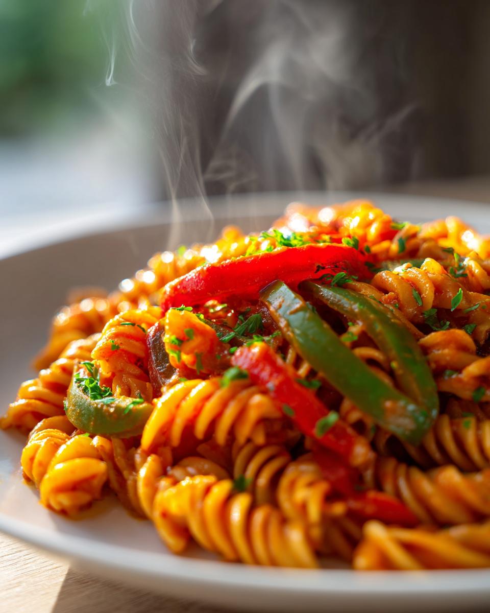 Close-up of hot, steaming Creamy Jamaican Rasta Pasta featuring fusilli pasta and colorful bell peppers.