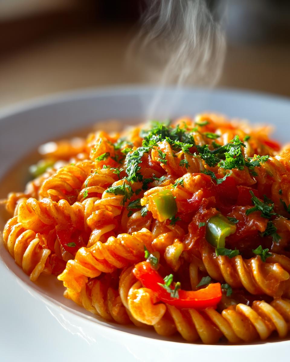 Close-up of hot, steaming Creamy Jamaican Rasta Pasta featuring rotini noodles, red and green peppers, and fresh parsley.