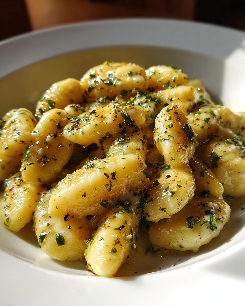 Close-up of tender gnocchi coated in a rich, glossy Creamy Lemon Herb Butter Gnocchi sauce with visible green herbs.