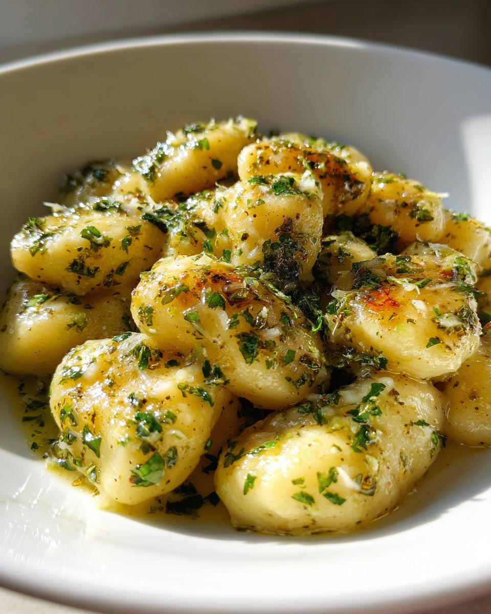 Close-up of tender gnocchi coated in a glistening Creamy Lemon Herb Butter Gnocchi sauce with visible fresh parsley.
