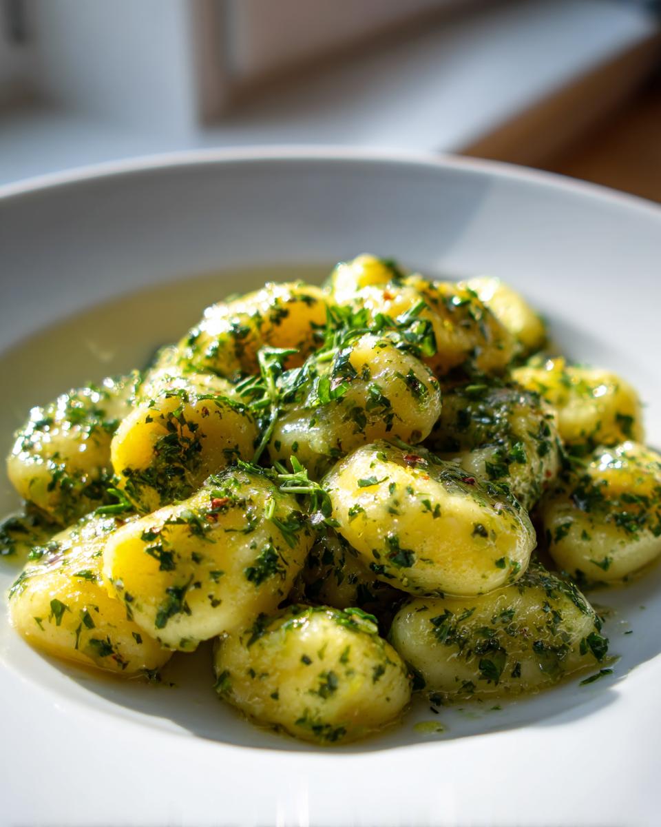 Close-up of tender gnocchi coated in a vibrant, glossy Creamy Lemon Herb Butter Gnocchi sauce with fresh green herbs.