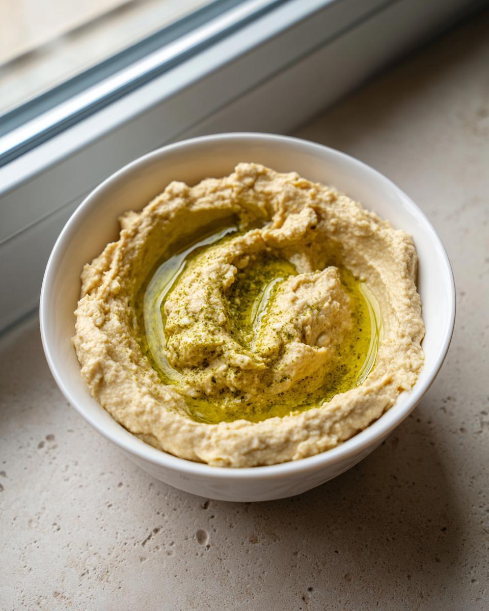 A creamy bowl of homemade Roasted Garlic Hummus, drizzled with olive oil and sprinkled with green herbs.
