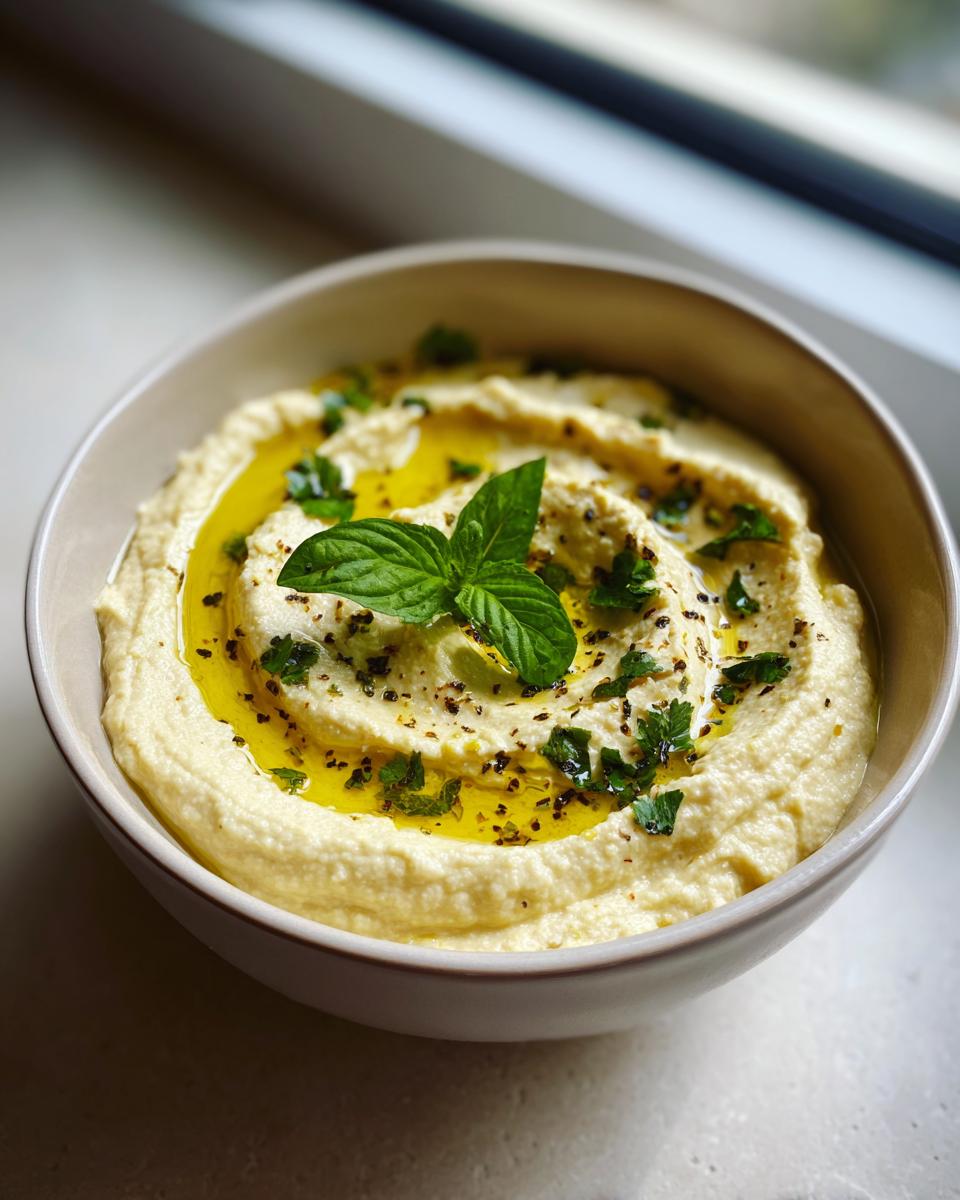 A close-up of creamy Roasted Garlic Hummus swirled in a bowl, drizzled with olive oil and garnished with mint.