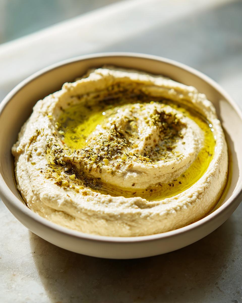 A close-up of creamy Roasted Garlic Hummus swirled in a bowl, drizzled with olive oil and sprinkled with herbs.