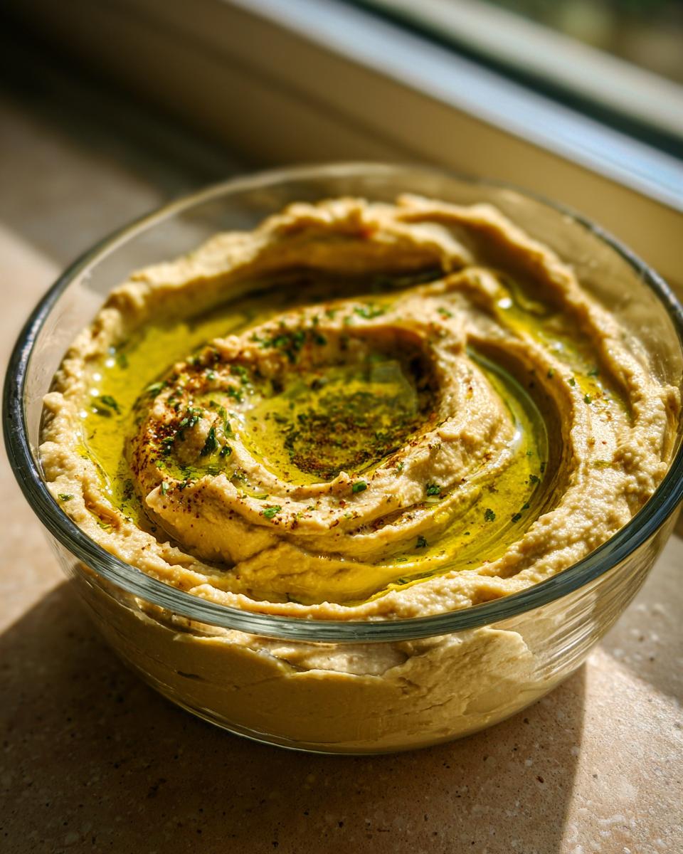A close-up of creamy Roasted Garlic Hummus swirled in a glass bowl, generously drizzled with olive oil and sprinkled with herbs.