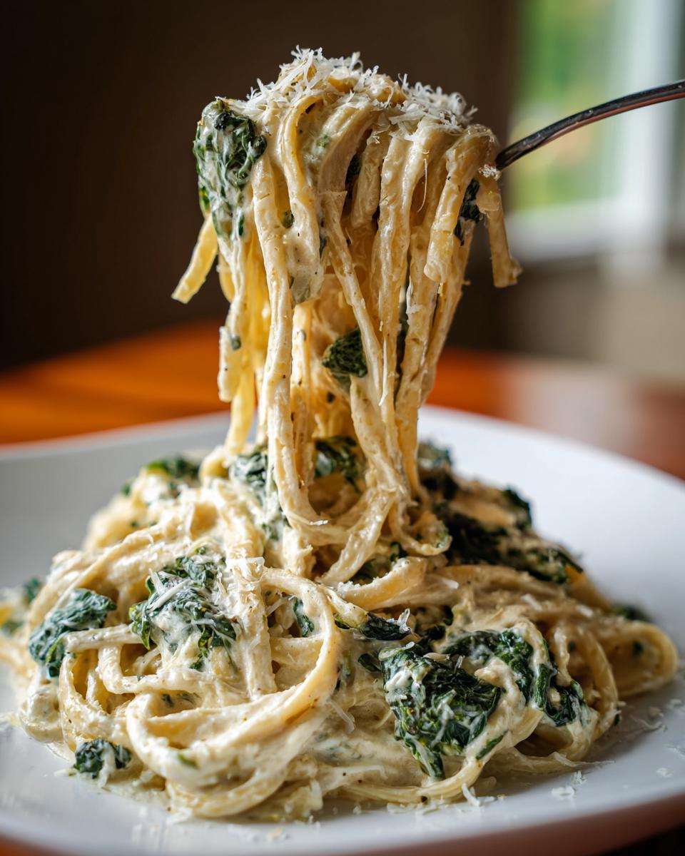A fork lifts a tangle of linguine coated in creamy sauce, kale, and Parmesan from a plate of Creamy Roasted Garlic Kale Pasta.