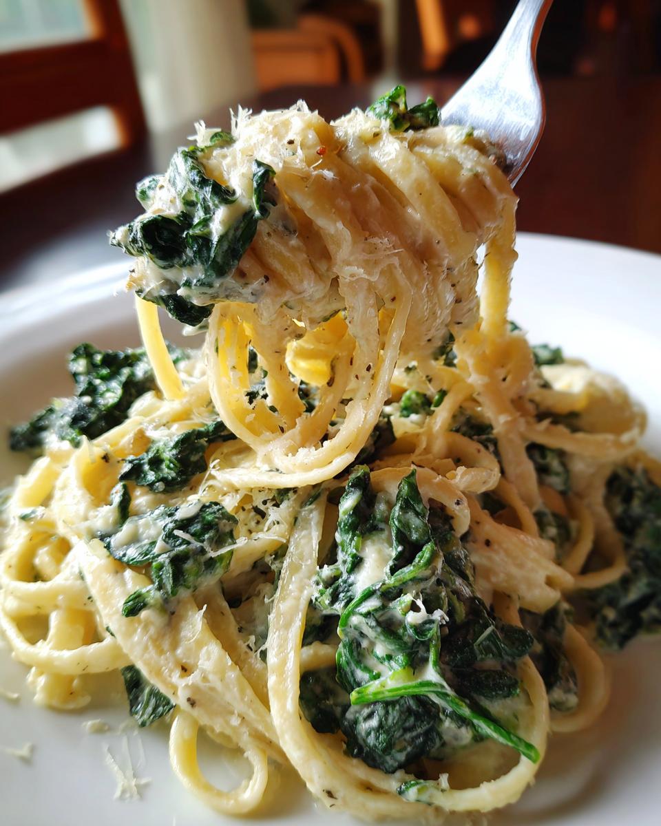 A fork lifting a generous portion of Creamy Roasted Garlic Kale Pasta With Parmesan, coated in a rich sauce and topped with grated cheese.