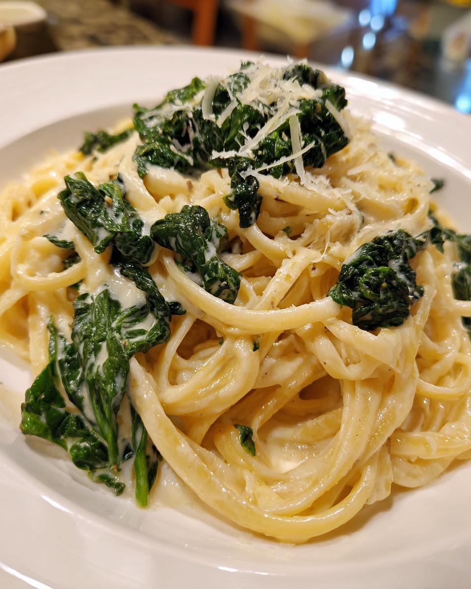 Close-up of Creamy Roasted Garlic Kale Pasta With Parmesan, featuring fettuccine noodles coated in a rich sauce and topped with dark green kale.